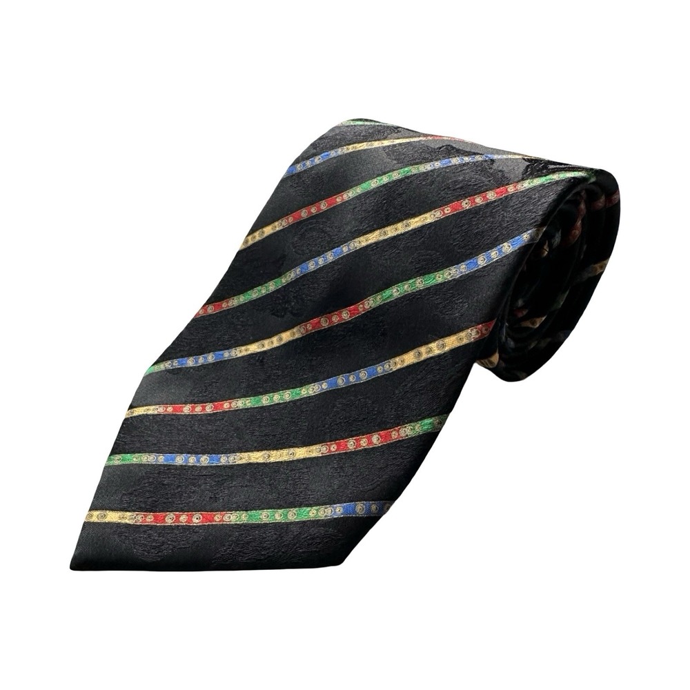 Stefano Ricci Black Primary Color Stripe Pure Silk Tie 3.75 Inch Italy Mens
